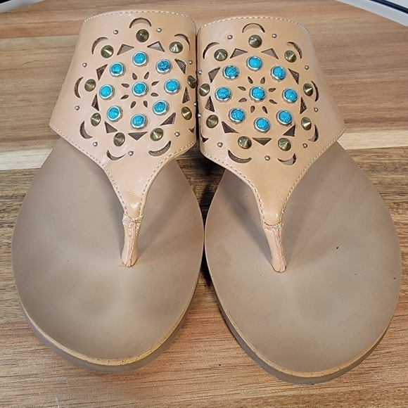 Lucky Brand 'Breese' Sandal Tan Thong with turquoise embellishments boho Size 7 - Picture 4 of 15